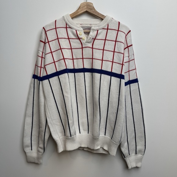 Competitive Edge Other - VTG Competitive Edge Neiman Marcus Large Knit Sweater Henley Cotton White Grid